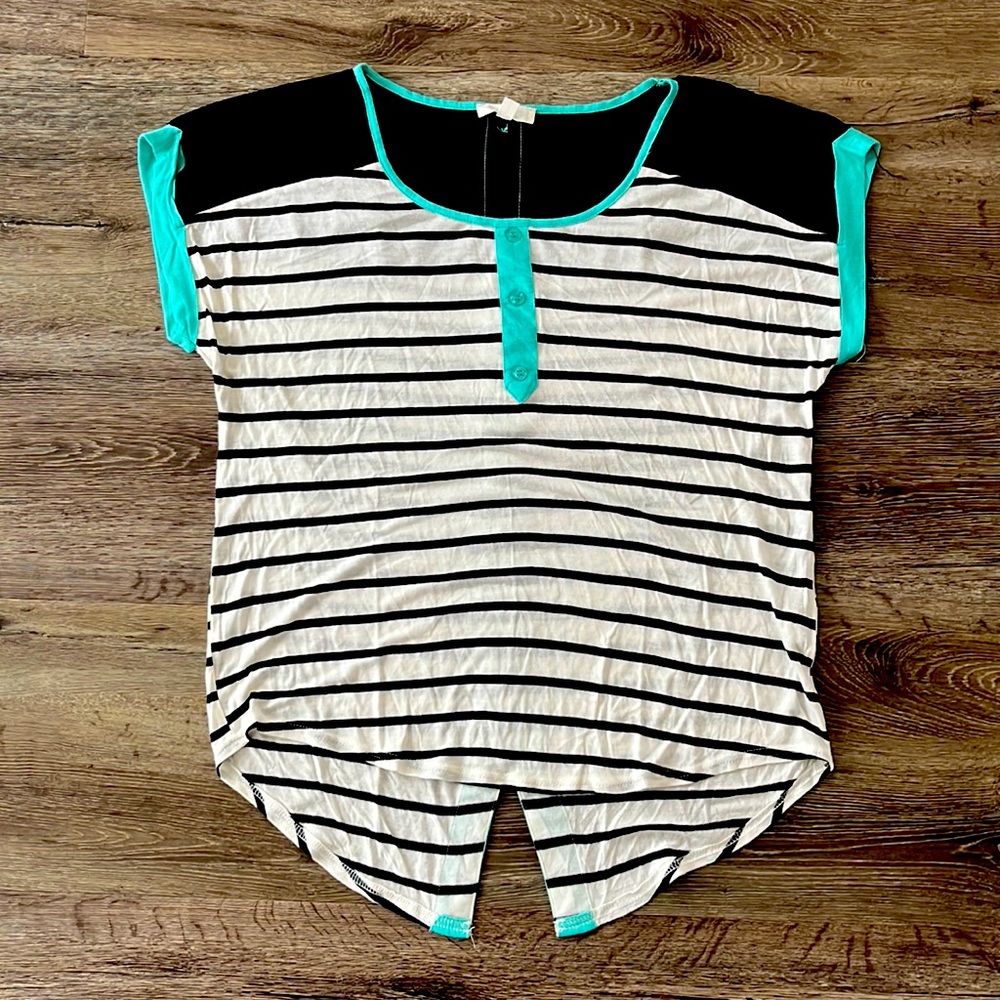 Mine Black and white striped with teal super fun shirt / Large/ EUC
